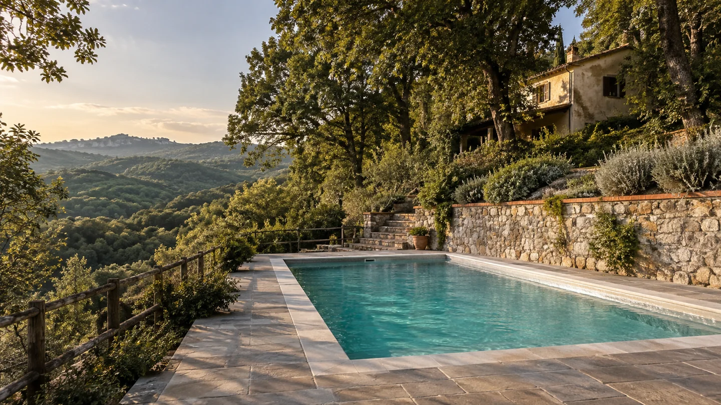 Visualizzazione immaginata del casale e della piscina